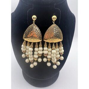 Vintage Hammered Gold Chandelier Earrings Faux Pearl Beaded Fringe Trifari Style